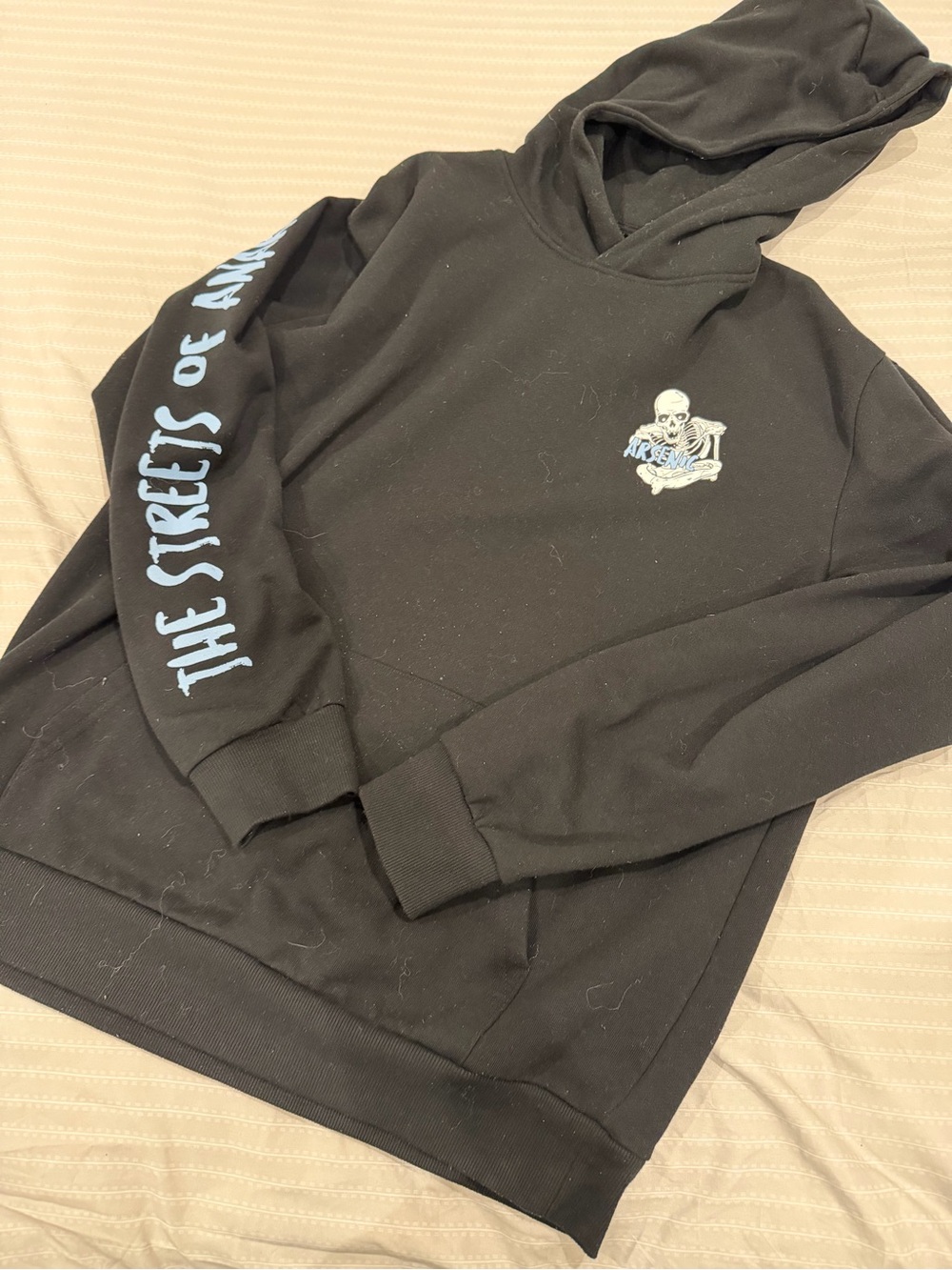Black Hoodie with Blue Sleeve Text and Skull Logo - size L